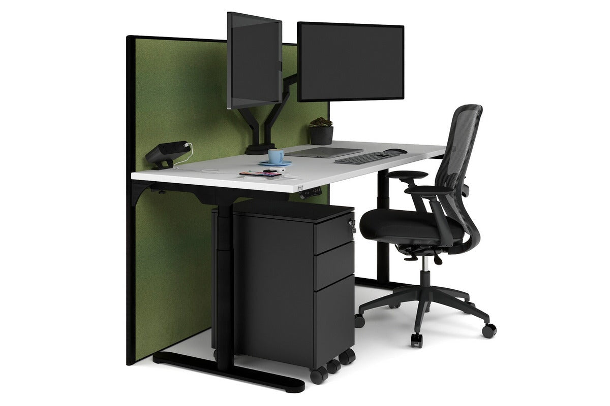 Flexi Premium Height Adjustable Single Workstation [1600L x 700W]-black leg white green moss (1200H x 1600W)