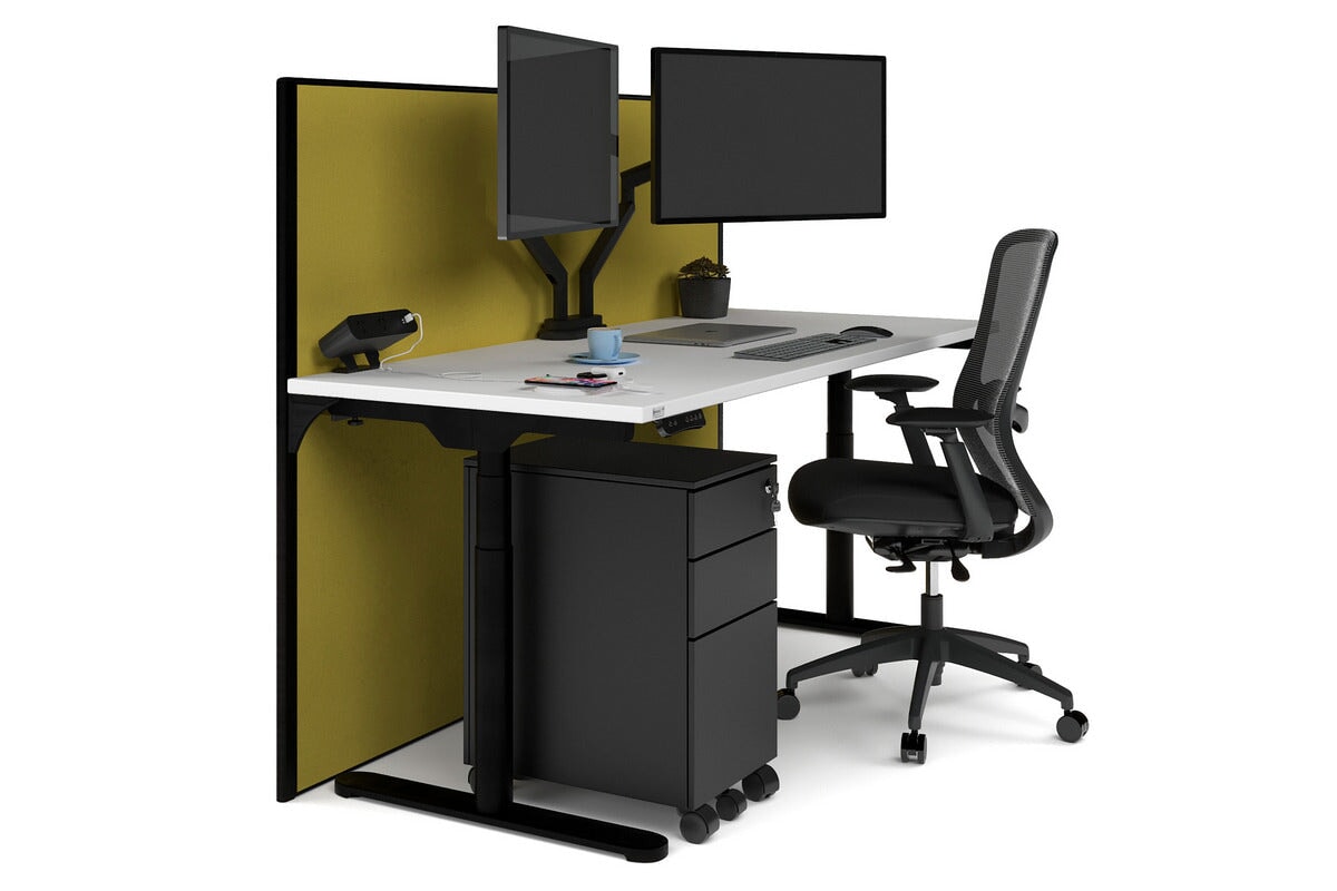 Flexi Premium Height Adjustable Single Workstation [1600L x 700W]-black leg white mustard yellow (1200H x 1600W)