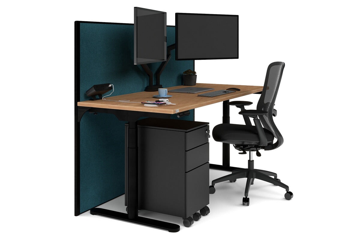 Flexi Premium Height Adjustable Single Workstation [1600L x 700W]-black leg salvage oak deep blue (1200H x 1600W)
