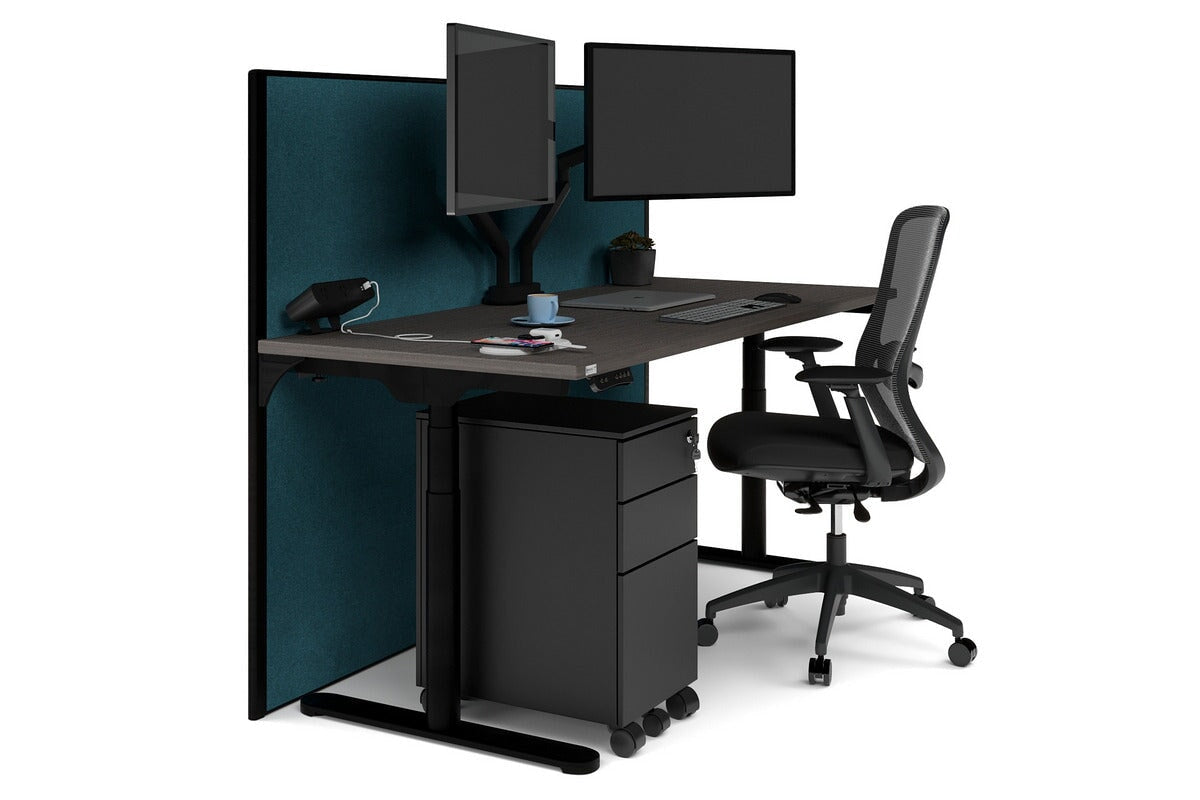 Flexi Premium Height Adjustable Single Workstation [1600L x 700W]-black leg dark oak deep blue (1200H x 1600W)
