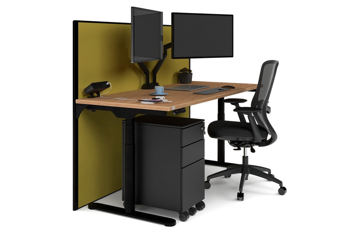 Flexi Premium Height Adjustable Single Workstation [1600L x 700W]-black leg salvage oak mustard yellow (1200H x 1600W)