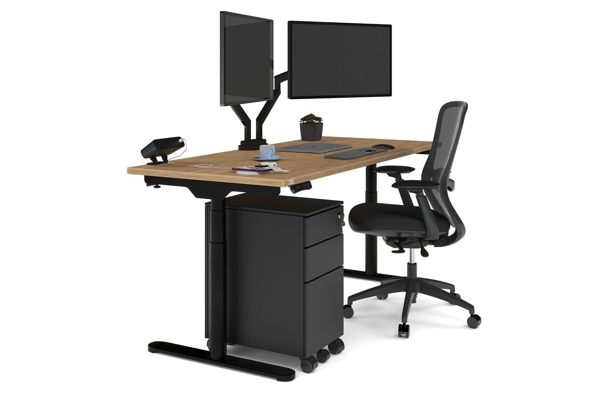 Flexi Premium Height Adjustable Single Workstation [1600L x 700W]-black leg salvage oak none
