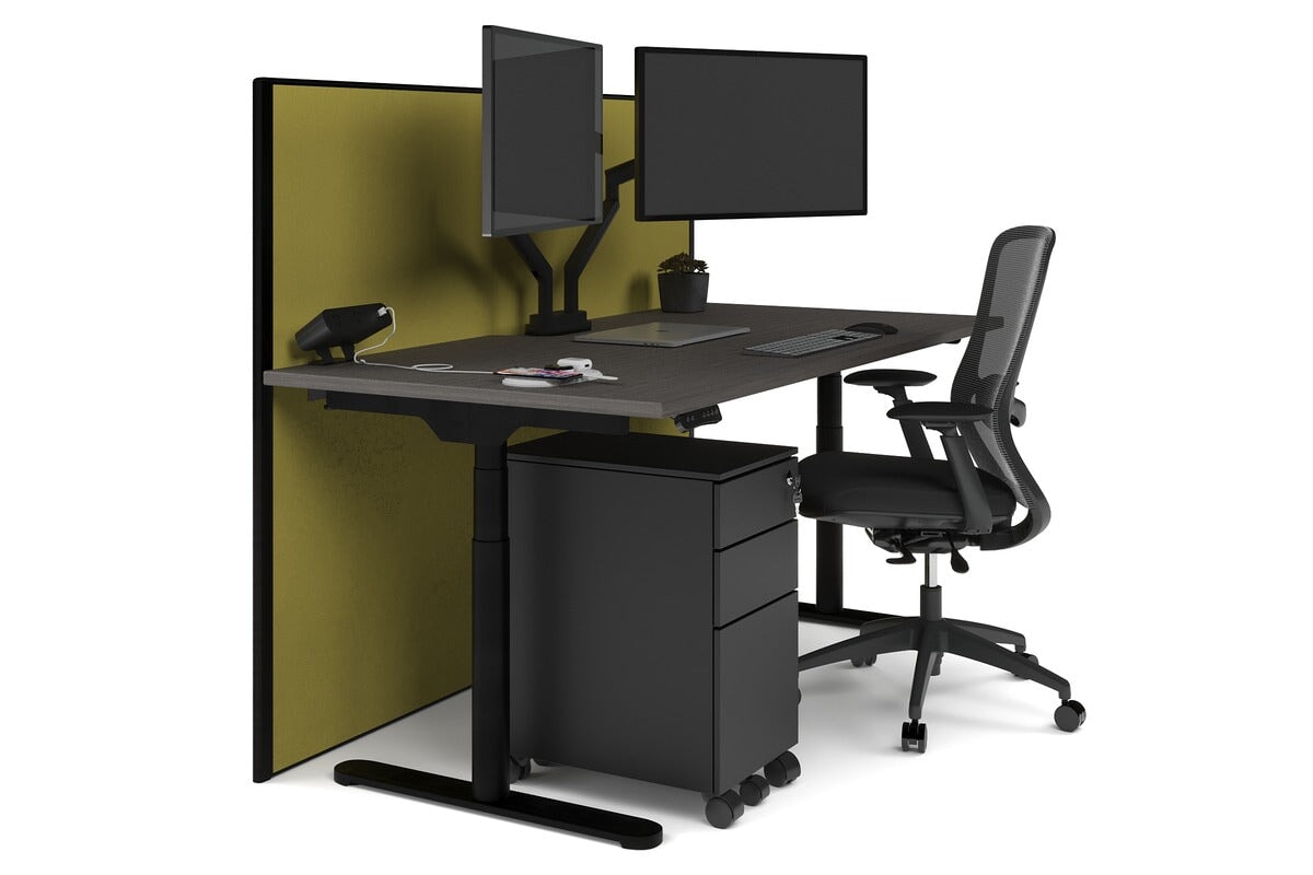 Flexi Premium Height Adjustable Single Workstation [1800L x 800W with Cable Scallop] Jasonl black leg dark oak mustard yellow (1200H x 1800W)