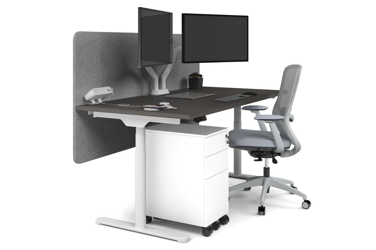 Flexi Premium Height Adjustable Single Workstation [1800L x 800W with Cable Scallop]-white leg dark oak light grey echo panel (820H x 1800W)
