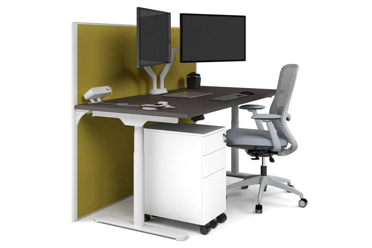 Flexi Premium Height Adjustable Single Workstation [1800L x 800W with Cable Scallop] Jasonl white leg dark oak mustard yellow (1200H x 1800W)