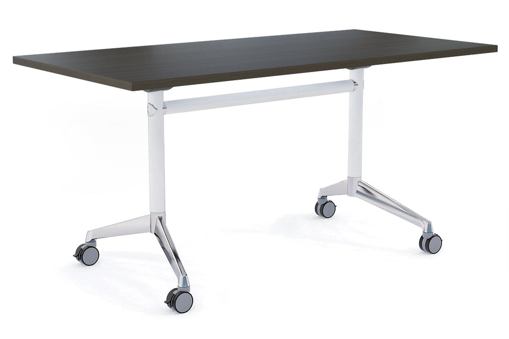 Flip Top / Folding Mobile Meeting Room Table Blackjack [1200L x 800W]-White Pole with Alloy Polished dark oak none
