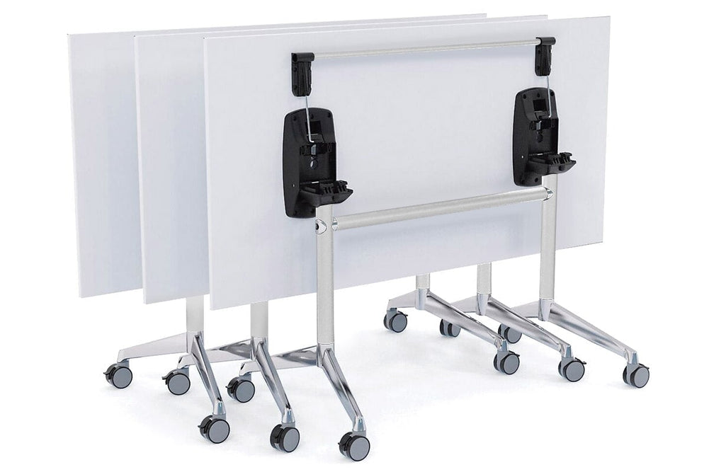 Flip Top / Folding Mobile Meeting Room Table Blackjack [1400L x 700W]-White Pole with Alloy Polished dark oak with linking device
