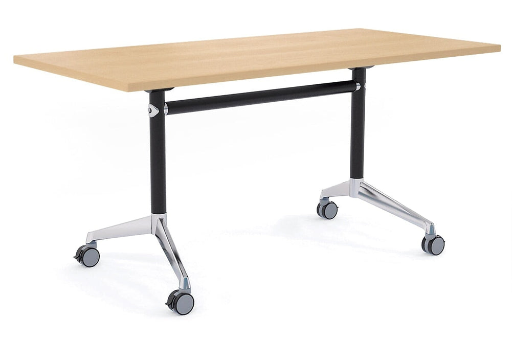Flip Top / Folding Mobile Meeting Room Table Blackjack [1600L x 700W]-Black Pole with Alloy Polished maple none