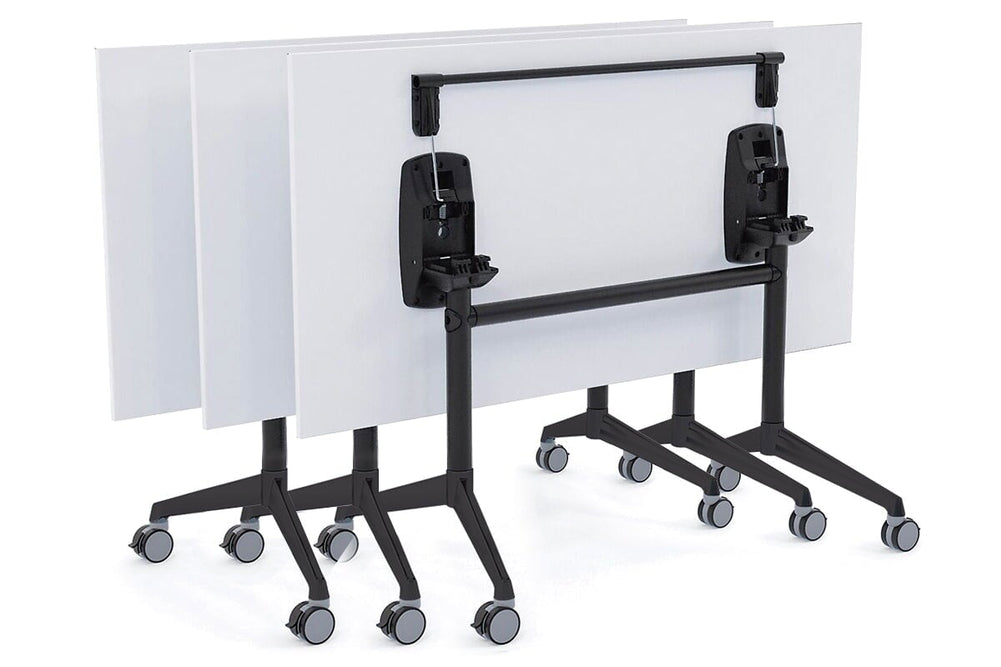 Flip Top / Folding Mobile Meeting Room Table Blackjack [1800L x 700W]-White Pole with Alloy Polished dark oak with linking device