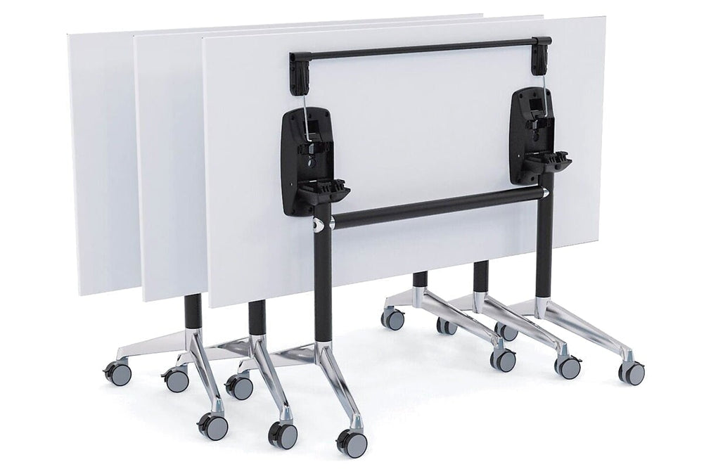 Flip Top / Folding Mobile Meeting Room Table Blackjack [1800L x 800W]-White Pole with Alloy Polished dark oak with linking device