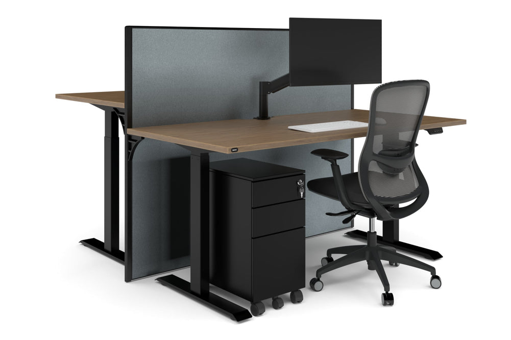 Just Right Height Adjustable 2 Person Bench Workstation [1400L x 700W]-black leg dark oak moody charcoal (1200H x 1400W)