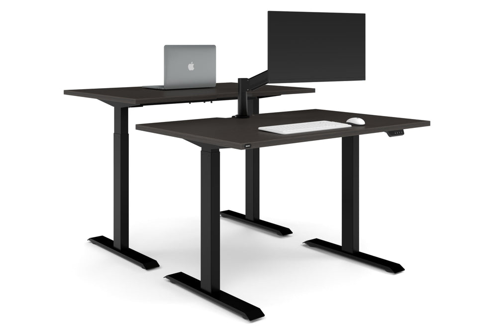 Just Right Height Adjustable 2 Person Bench Workstation [1400L x 800W with Cable Scallop]-black leg dark oak none