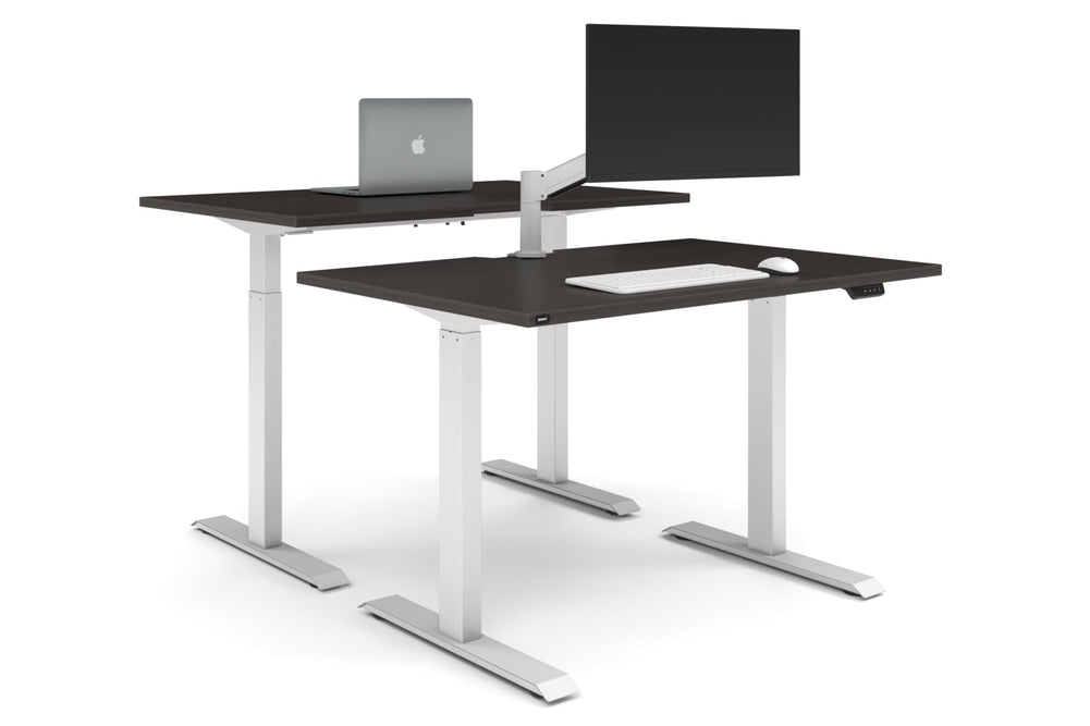 Just Right Height Adjustable 2 Person Bench Workstation [1400L x 800W with Cable Scallop]-white leg dark oak none