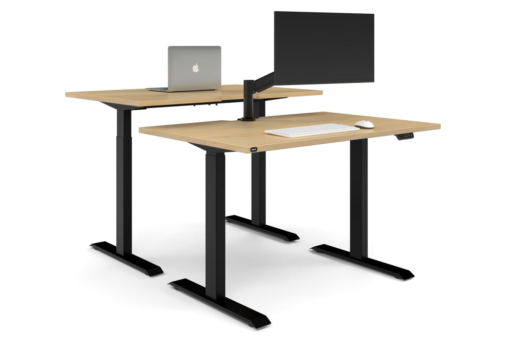 Just Right Height Adjustable 2 Person Bench Workstation [1400L x 800W with Cable Scallop]-black leg maple none