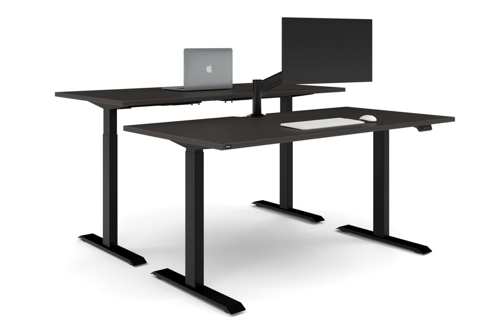 Just Right Height Adjustable 2 Person Bench Workstation [1800L x 800W with Cable Scallop]-black leg dark oak none