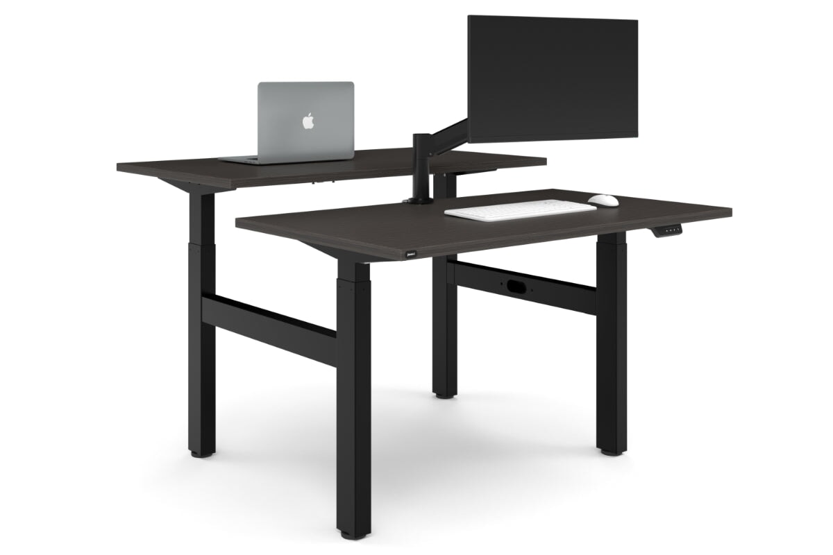 Just Right Height Adjustable 2 Person H-Bench Workstation - Black Frame [1200L x 700W]-dark oak none none