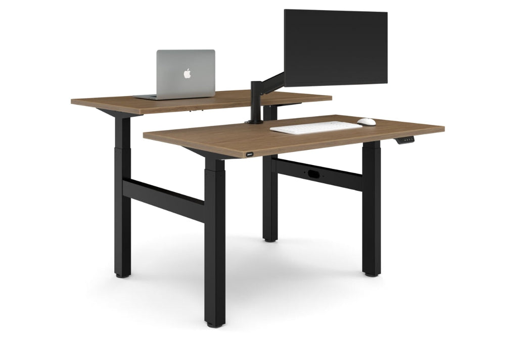Just Right Height Adjustable 2 Person H-Bench Workstation - Black Frame [1400L x 700W]-salvage oak none none
