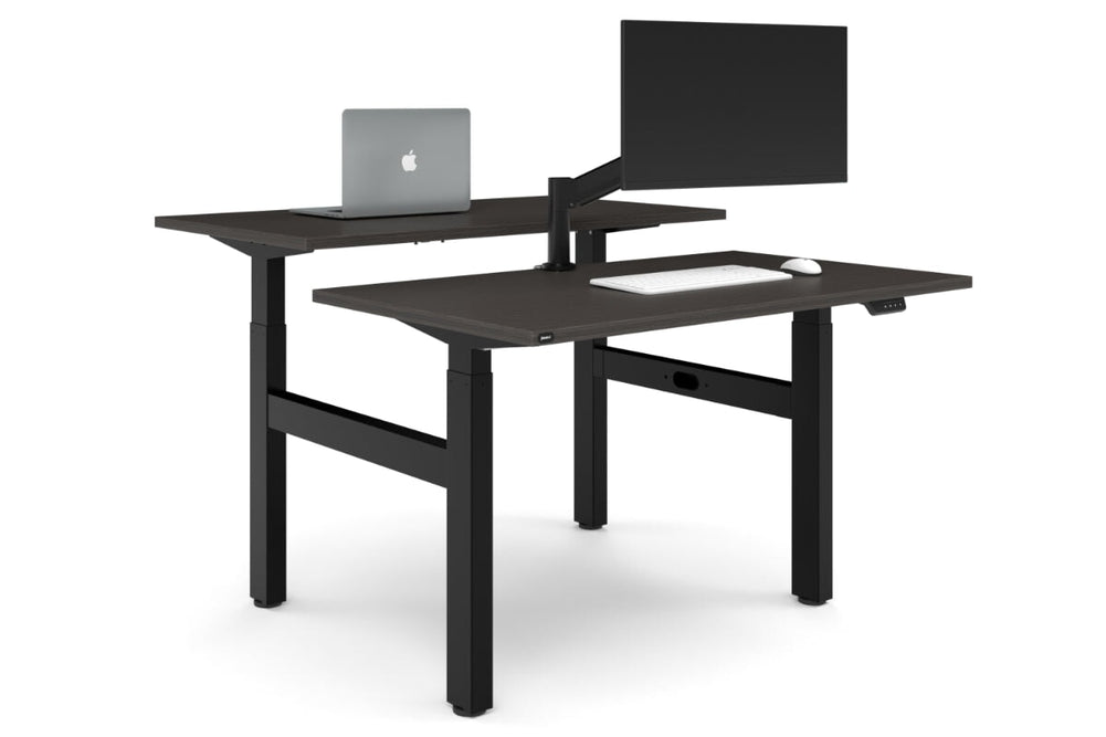 Just Right Height Adjustable 2 Person H-Bench Workstation - Black Frame [1400L x 700W]-dark oak none none