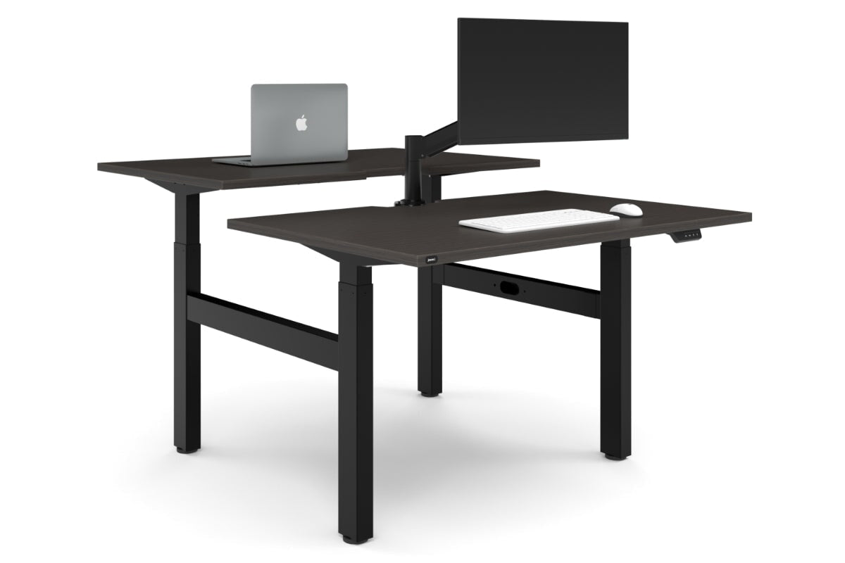 Just Right Height Adjustable 2 Person H-Bench Workstation - Black Frame [1400L x 800W with Cable Scallop]-dark oak none none