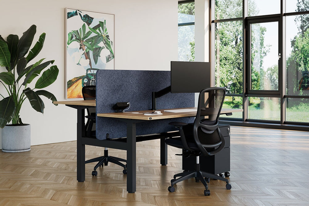 Just Right Height Adjustable 2 Person H-Bench Workstation - Black Frame [1400L x 800W with Cable Scallop]-dark oak moody charcoal (820H x 1400W) black cable tray