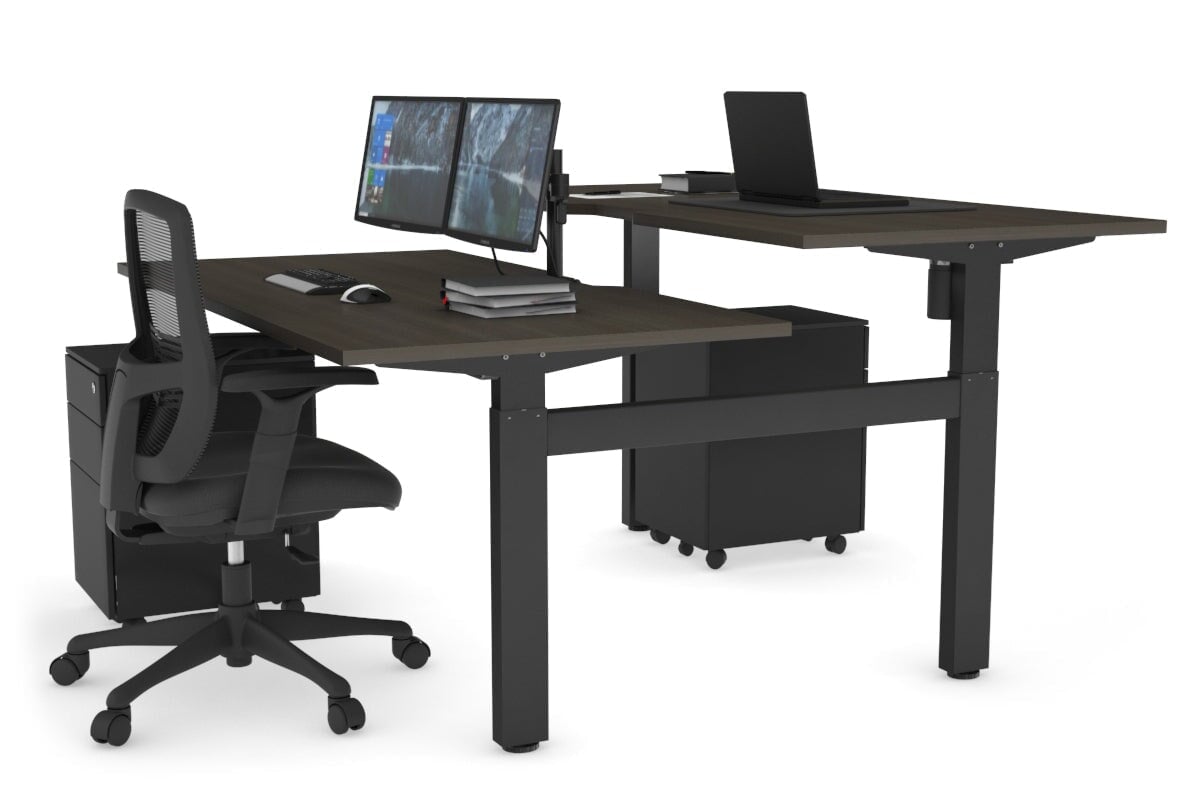 Just Right Height Adjustable 2 Person H-Bench Workstation - Black Frame [1400L x 800W with Cable Scallop]-dark oak none none