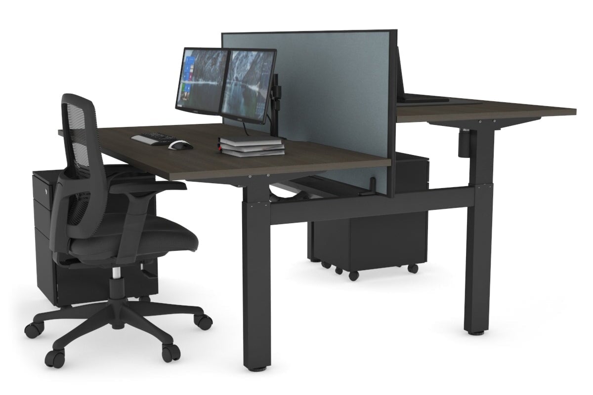 Just Right Height Adjustable 2 Person H-Bench Workstation - Black Frame [1400L x 800W with Cable Scallop]-dark oak cool grey (820H x 1400W) black cable tray