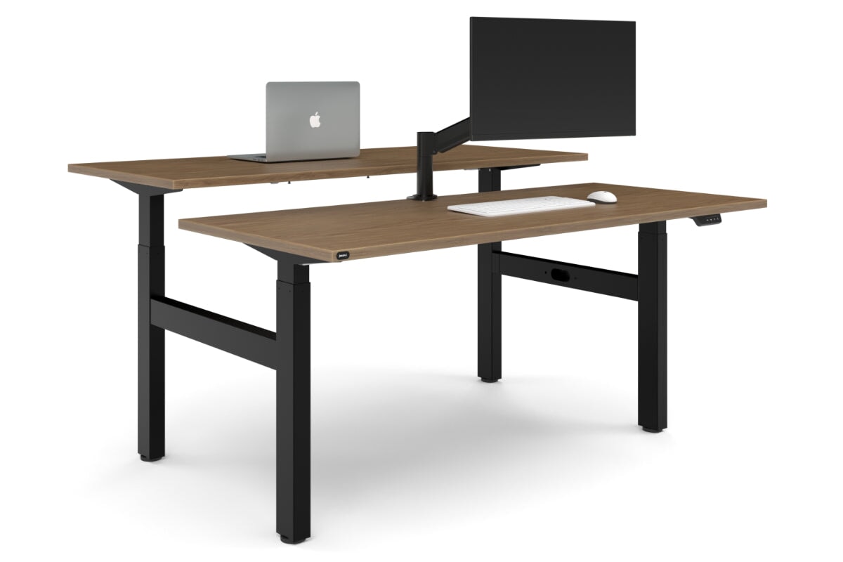 Just Right Height Adjustable 2 Person H-Bench Workstation - Black Frame [1600L x 700W]-salvage oak none none