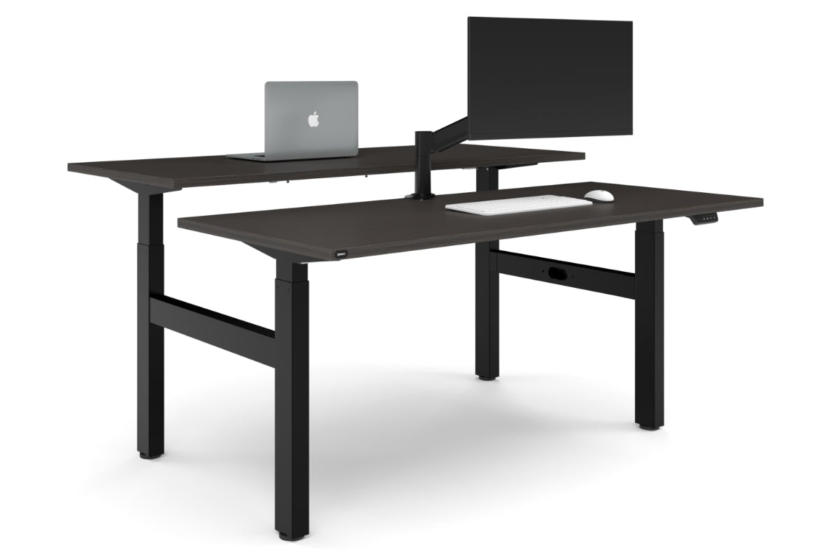 Just Right Height Adjustable 2 Person H-Bench Workstation - Black Frame [1600L x 700W]-dark oak none none