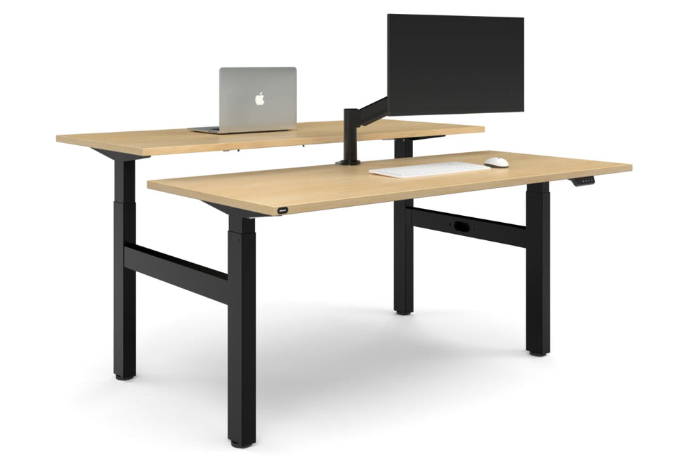 Just Right Height Adjustable 2 Person H-Bench Workstation - Black Frame [1600L x 700W]-maple none none