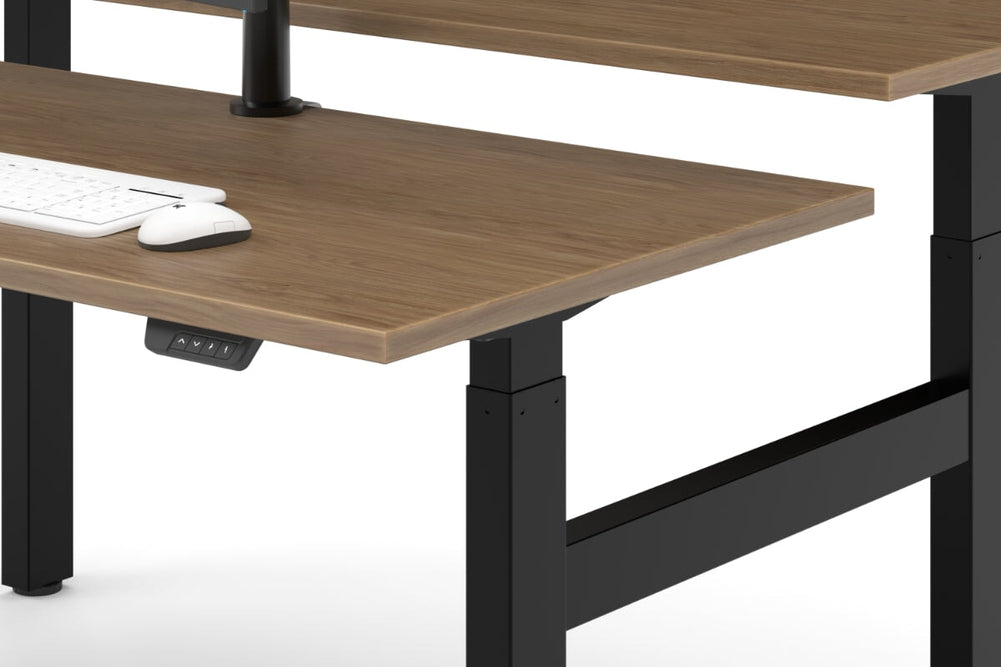 Just Right Height Adjustable 2 Person H-Bench Workstation - Black Frame [1600L x 700W]-dark oak moody charcoal (820H x 1600W) black cable tray