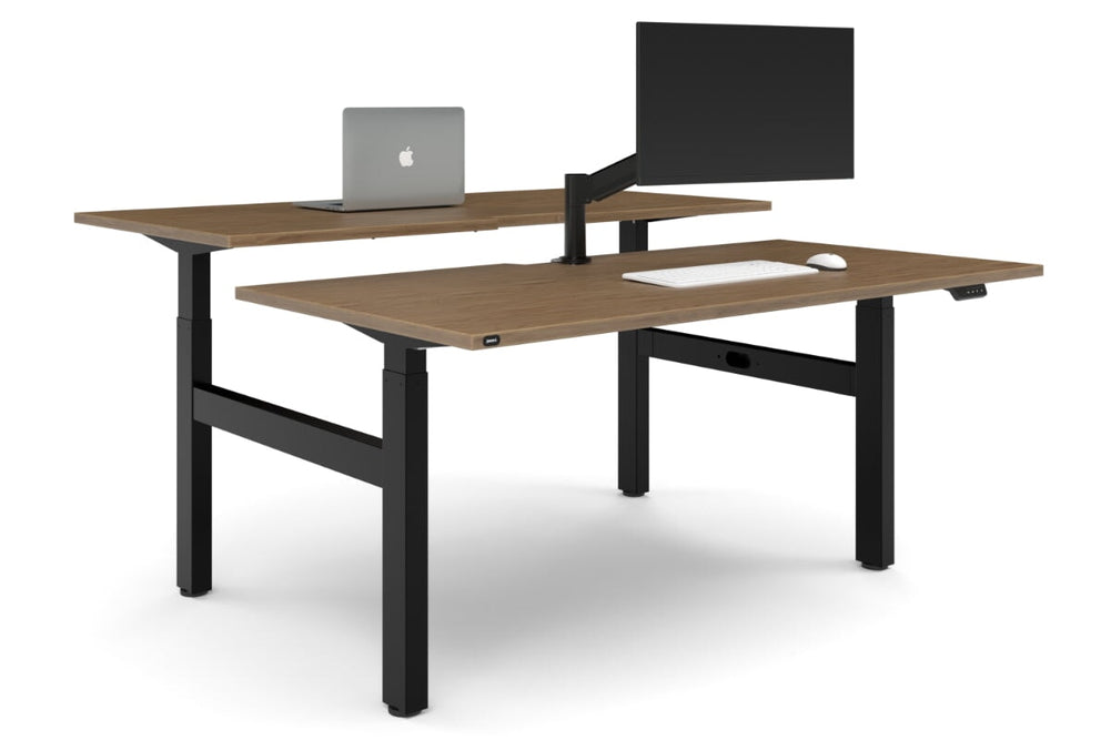 Just Right Height Adjustable 2 Person H-Bench Workstation - Black Frame [1600L x 800W with Cable Scallop]-salvage oak none none