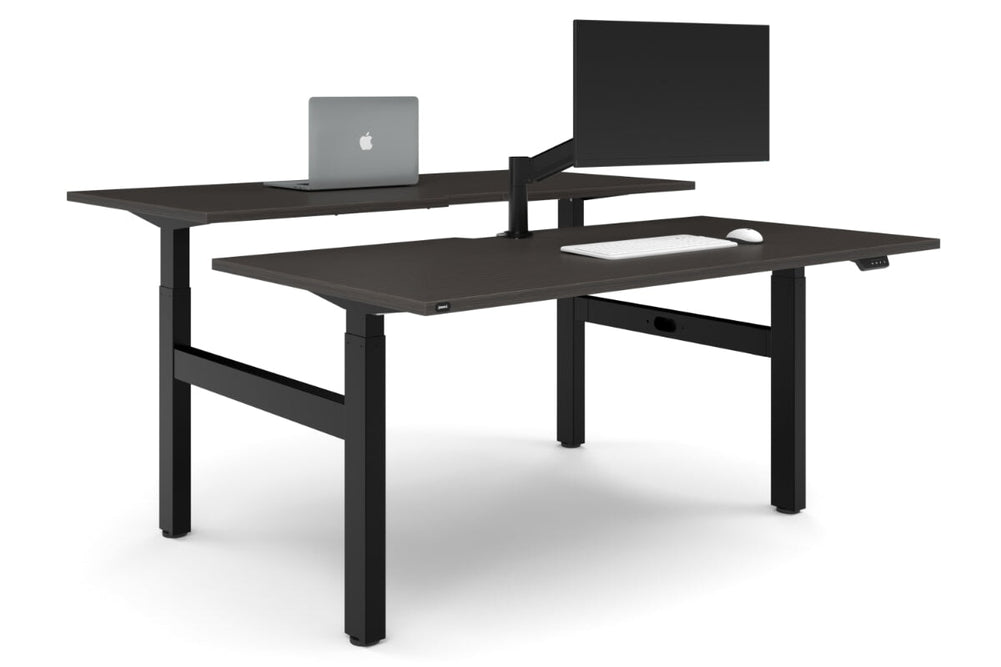Just Right Height Adjustable 2 Person H-Bench Workstation - Black Frame [1800L x 800W with Cable Scallop]-dark oak none none