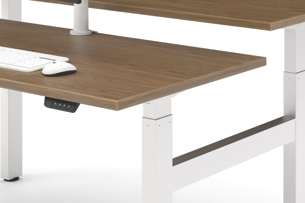 Just Right Height Adjustable 2 Person H-Bench Workstation - White Frame [1200L x 800W with Cable Scallop]-dark oak moody charcoal (820H x 1200W) white cable tray