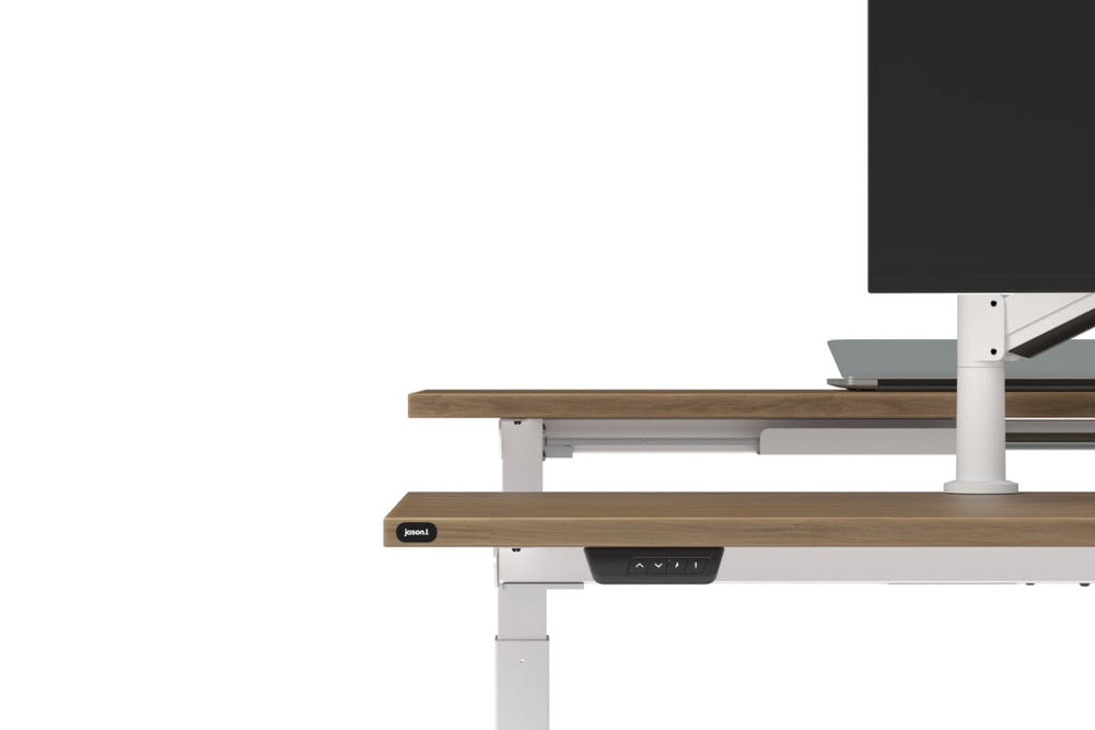 Just Right Height Adjustable 2 Person H-Bench Workstation - White Frame [1200L x 800W with Cable Scallop]-dark oak moody charcoal (820H x 1200W) white cable tray