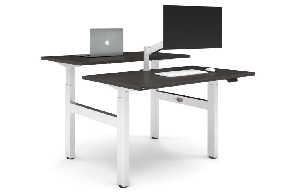 Just Right Height Adjustable 2 Person H-Bench Workstation - White Frame [1400L x 700W]-dark oak none none