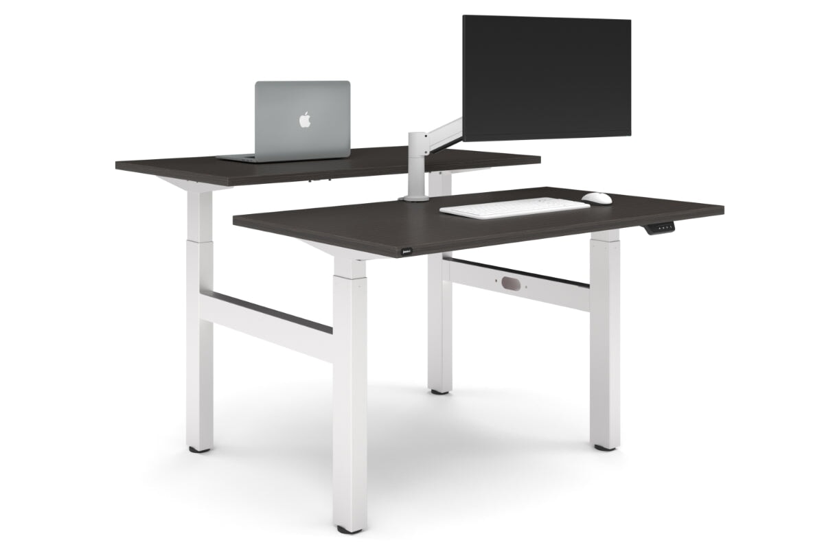 Just Right Height Adjustable 2 Person H-Bench Workstation - White Frame [1400L x 700W]-dark oak none none
