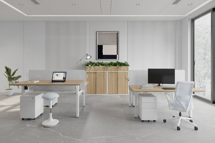 Just Right Height Adjustable 2 Person H-Bench Workstation - White Frame [1400L x 800W with Cable Scallop] Jasonl 