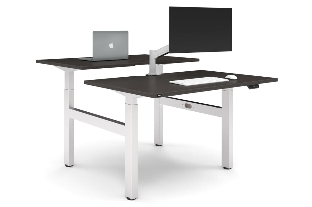 Just Right Height Adjustable 2 Person H-Bench Workstation - White Frame [1400L x 800W with Cable Scallop]-dark oak none none