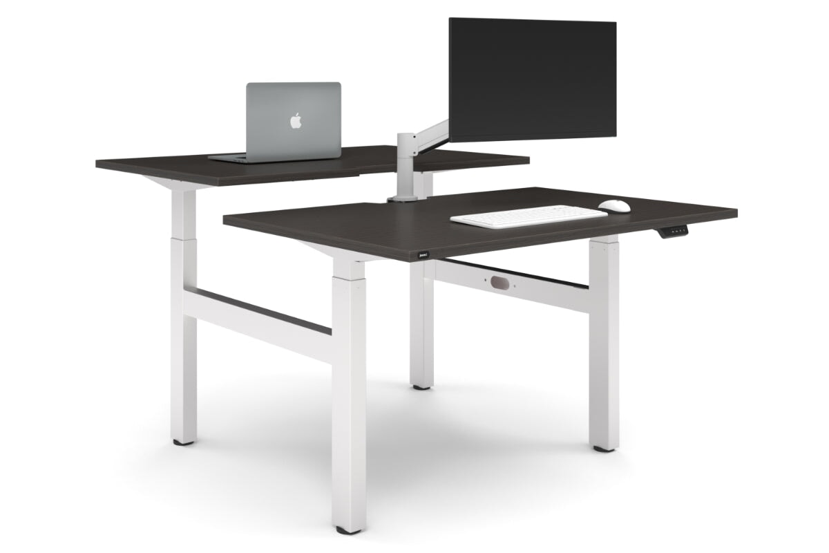 Just Right Height Adjustable 2 Person H-Bench Workstation - White Frame [1400L x 800W with Cable Scallop]-dark oak none none