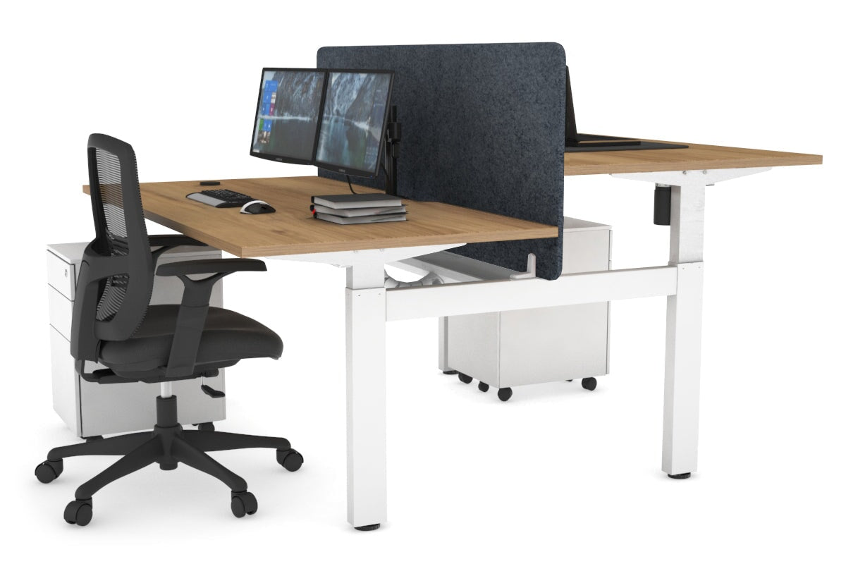 Just Right Height Adjustable 2 Person H-Bench Workstation - White Frame [1400L x 800W with Cable Scallop] Jasonl salvage oak dark grey echo panel (820H x 1400W) white cable tray