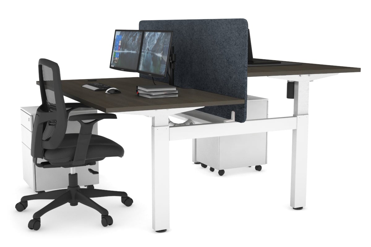 Just Right Height Adjustable 2 Person H-Bench Workstation - White Frame [1400L x 800W with Cable Scallop] Jasonl dark oak dark grey echo panel (820H x 1400W) white cable tray