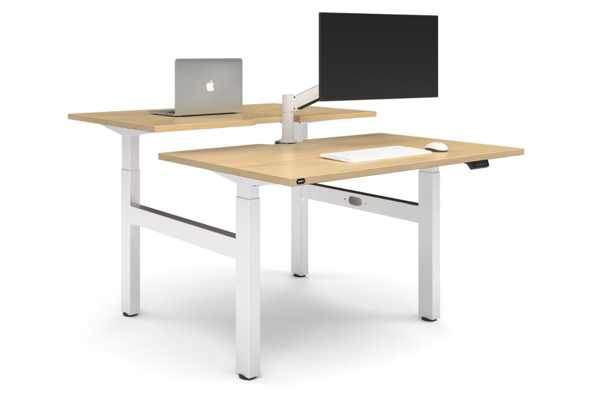 Just Right Height Adjustable 2 Person H-Bench Workstation - White Frame [1400L x 800W with Cable Scallop]-maple none none