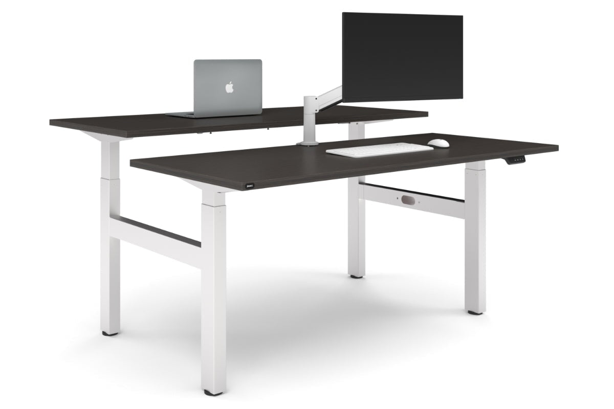 Just Right Height Adjustable 2 Person H-Bench Workstation - White Frame [1600L x 700W]-dark oak none none