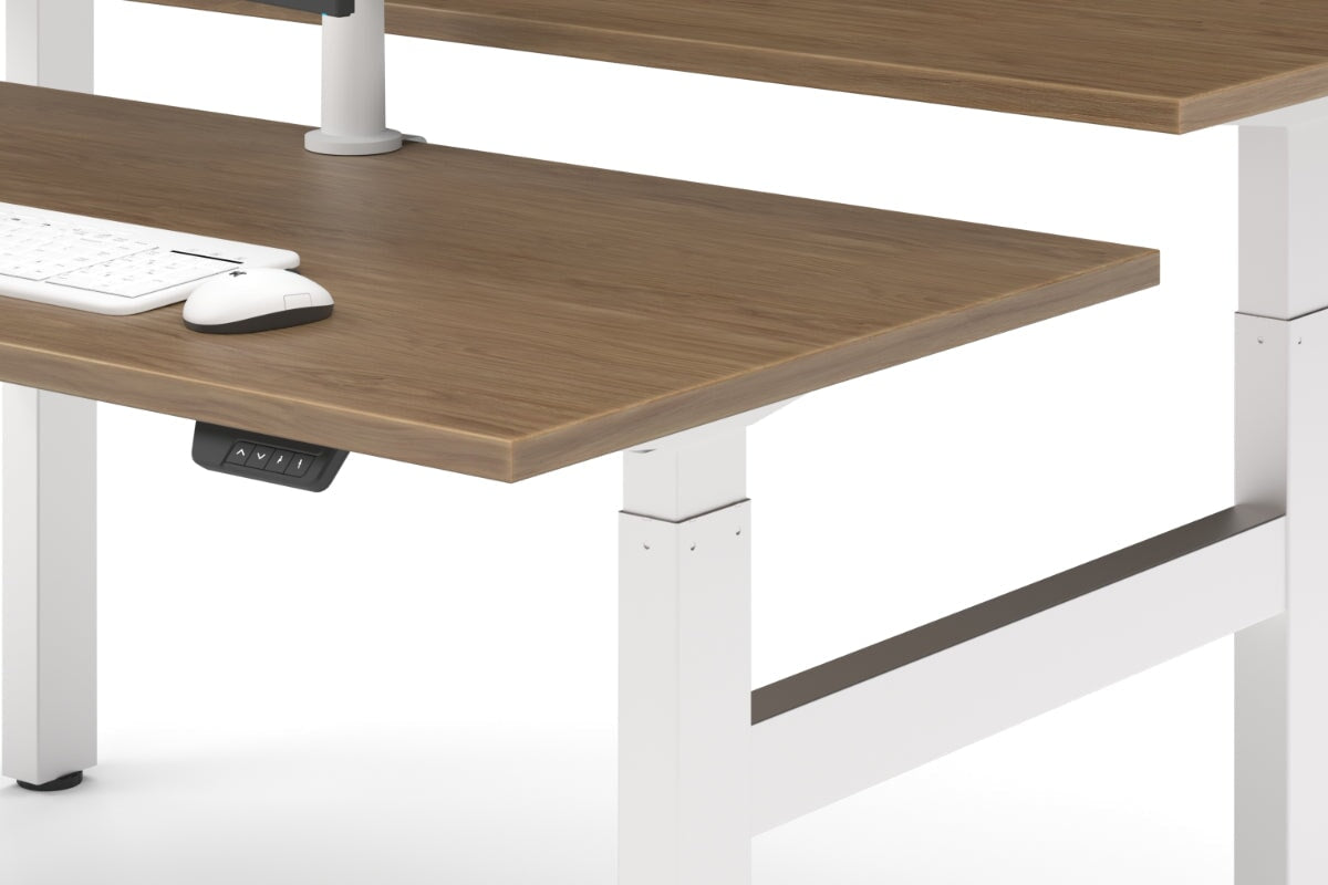 Just Right Height Adjustable 2 Person H-Bench Workstation - White Frame [1800L x 800W with Cable Scallop]-dark oak moody charcoal (820H x 1800W) white cable tray