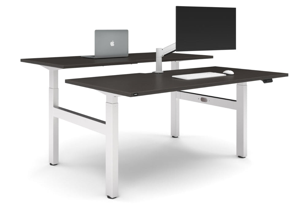 Just Right Height Adjustable 2 Person H-Bench Workstation - White Frame [1800L x 800W with Cable Scallop]-dark oak none none