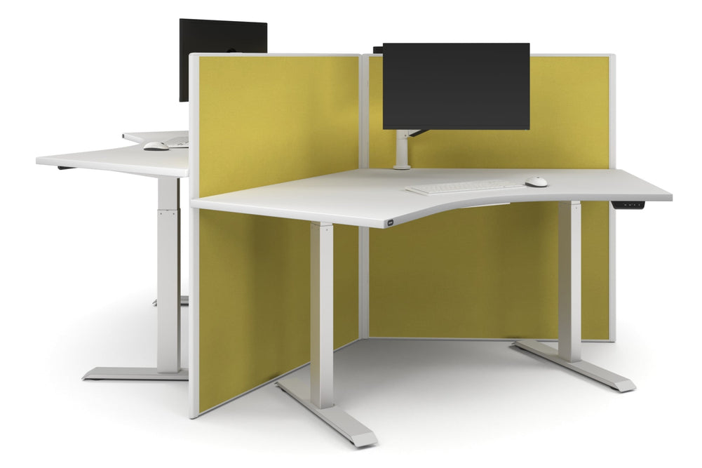Just Right Height Adjustable 3 Person 120 Degree Workstation-white mustard yellow (1200H x 1200W) 
