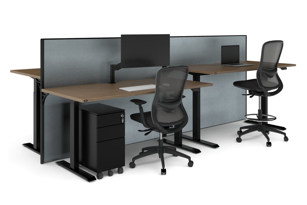 Just Right Height Adjustable 4 Person Bench Workstation [1200L x 800W with Cable Scallop]-black leg dark oak moody charcoal (1200H x 1200W)