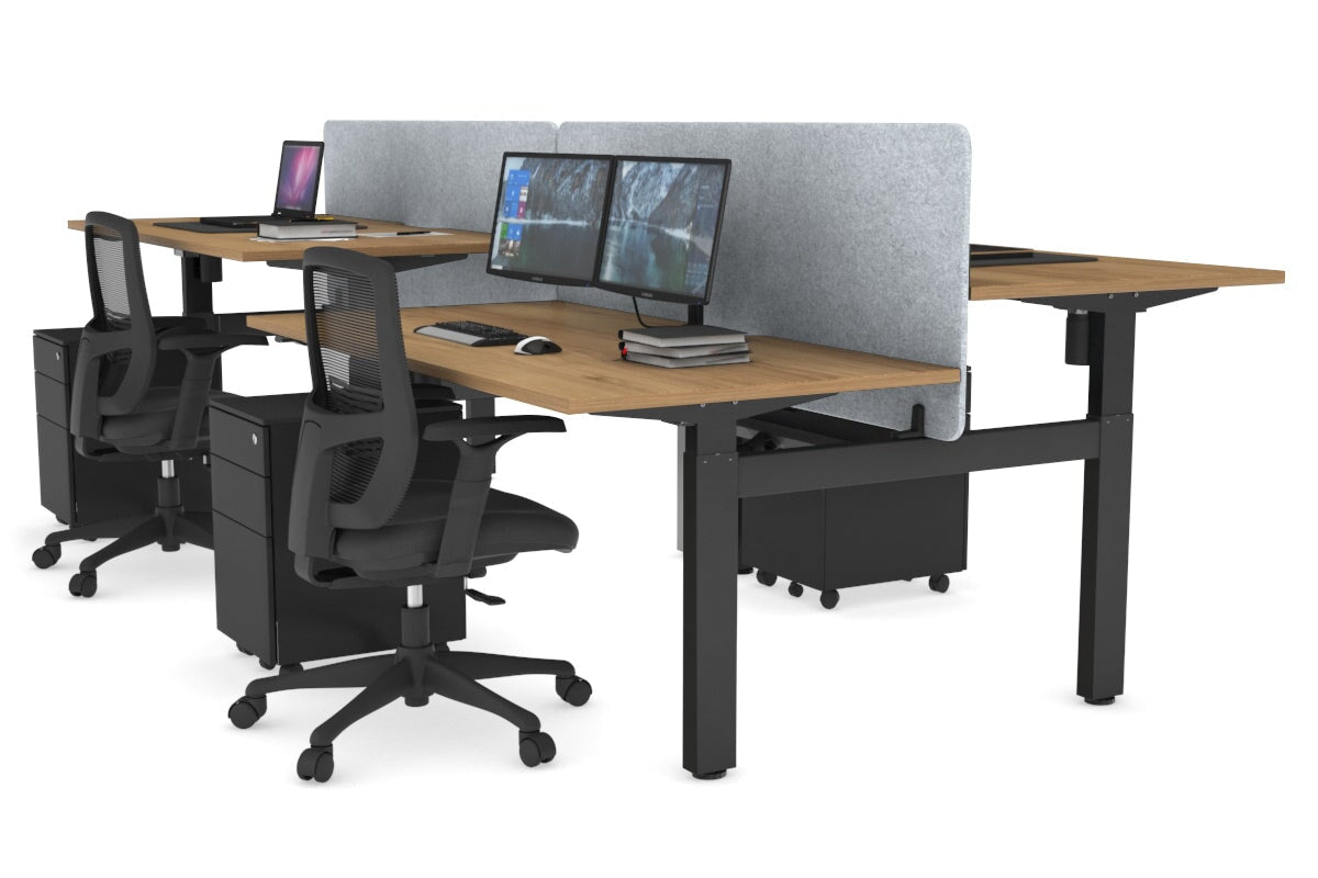 Just Right Height Adjustable 4 Person H-Bench Workstation - Black Frame [1400L x 800W] Jasonl salvage oak light grey echo panel (820H x 1400W) black cable tray