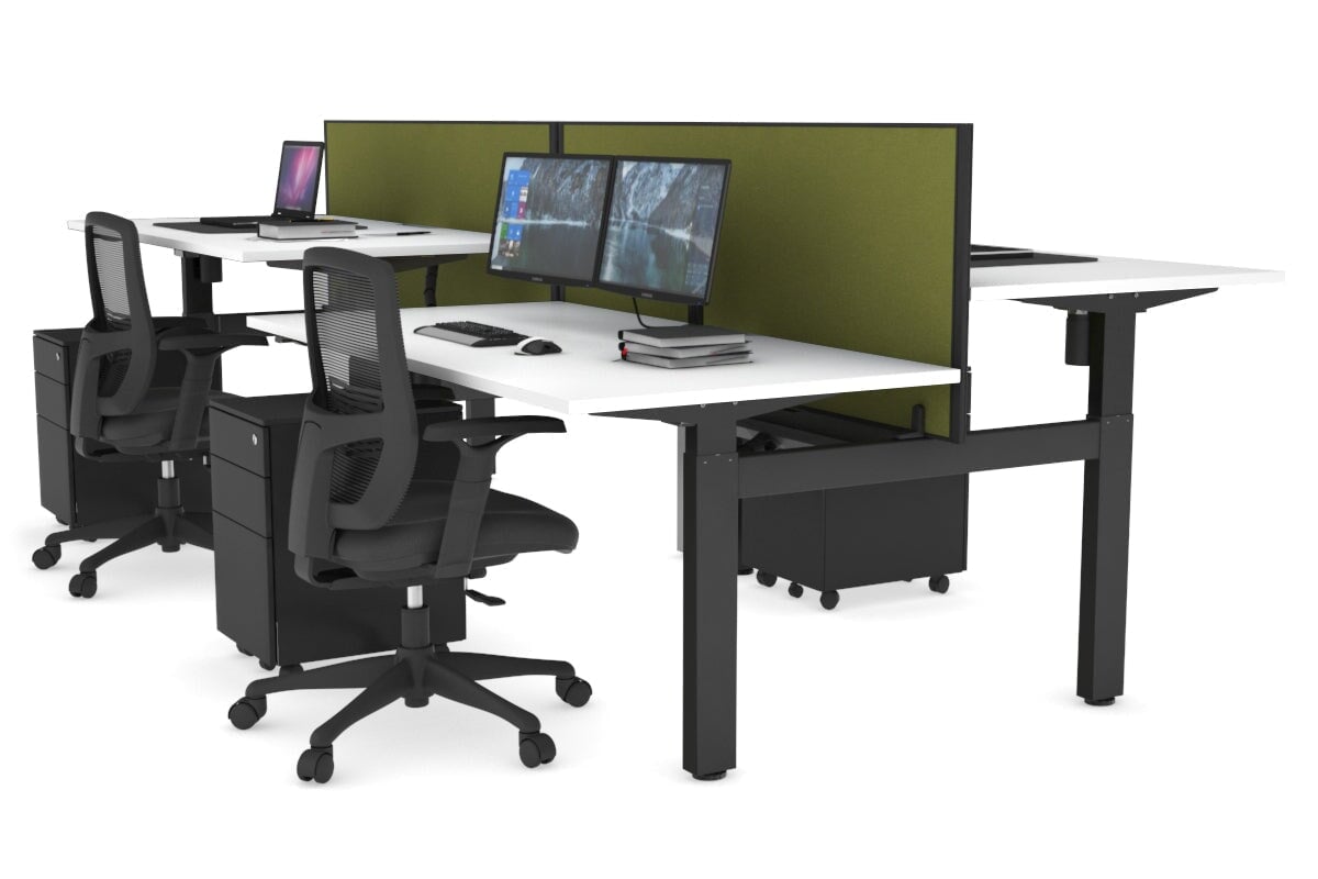 Just Right Height Adjustable 4 Person H-Bench Workstation - Black Frame [1400L x 800W] Jasonl white green moss (820H x 1400W) black cable tray