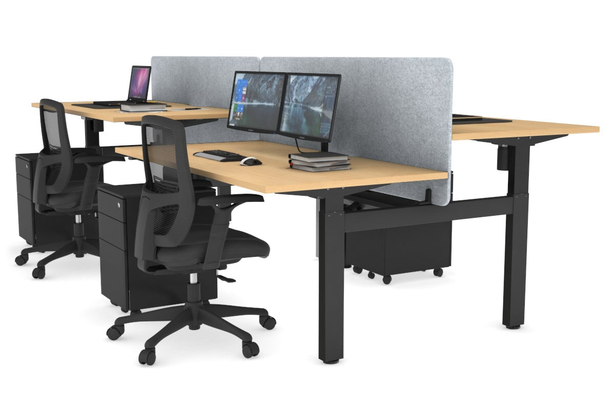 Just Right Height Adjustable 4 Person H-Bench Workstation - Black Frame [1400L x 800W] Jasonl maple light grey echo panel (820H x 1400W) black cable tray